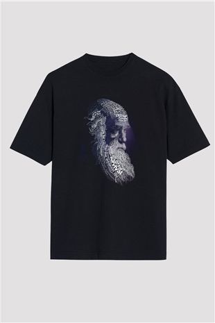 Charles Darwin Sanatsal Portre Baskılı Unisex Siyah Oversize Tişört