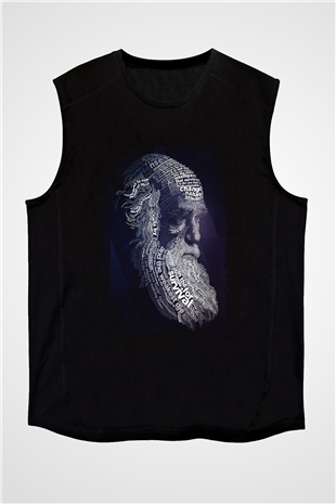 Charles Darwin Sanatsal Portre Baskılı Unisex Siyah Kolsuz Tişört