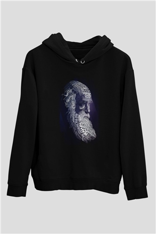 Charles Darwin Sanatsal Portre Baskılı Unisex Siyah Hoodie