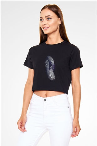 Charles Darwin Sanatsal Portre Baskılı Siyah Kadın Crop Top Tişört