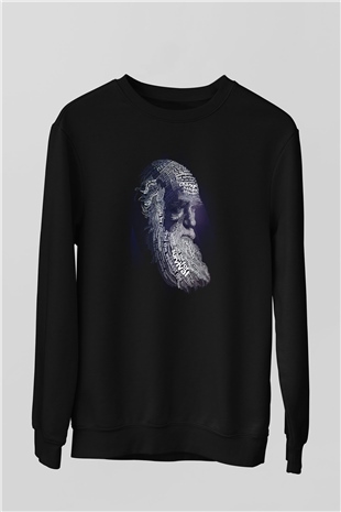 Charles Darwin Sanatsal Portre Baskılı Unisex Siyah Sweatshirt