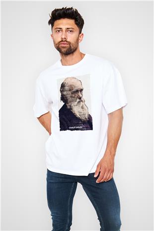 Charles Darwin Yazılı Portre Baskılı Unisex Oversize Beyaz Tişört - Tshirt