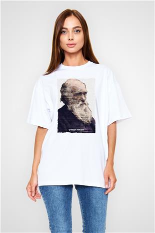 Charles Darwin Yazılı Portre Baskılı Unisex Oversize Beyaz Tişört - Tshirt
