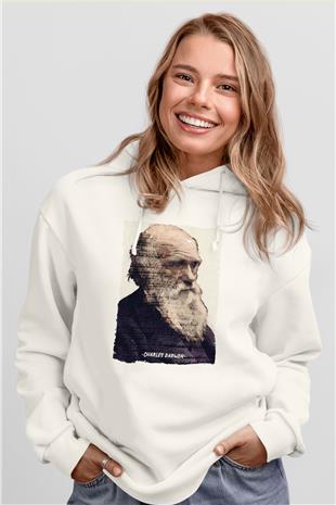 Charles Darwin Yazılı Portre Baskılı Unisex Ekru Hoodie