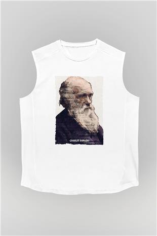 Charles Darwin Yazılı Portre Baskılı Unisex Kolsuz Beyaz Tişört - Tshirt