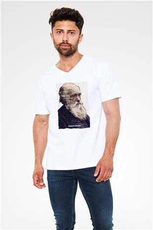 Charles Darwin Yazılı Portre Baskılı Unisex V Yaka Beyaz Tişört - Tshirt