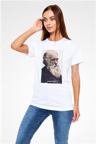 Charles Darwin Yazılı Portre Baskılı Unisex Beyaz Tişört - Tshirt