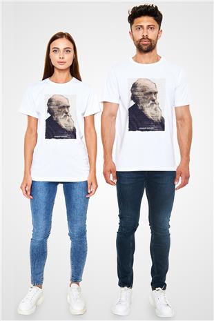 Charles Darwin Yazılı Portre Baskılı Unisex Beyaz Tişört - Tshirt