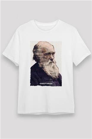 Charles Darwin Yazılı Portre Baskılı Unisex Beyaz Tişört - Tshirt
