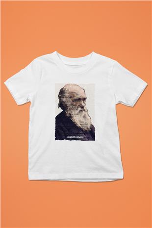 Charles Darwin Yazılı Portre Baskılı Unisex Beyaz Çocuk Tişörtü - Tshirt