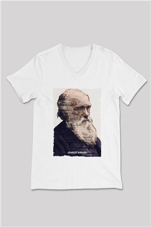 Charles Darwin Yazılı Portre Baskılı Unisex V Yaka Beyaz Tişört - Tshirt