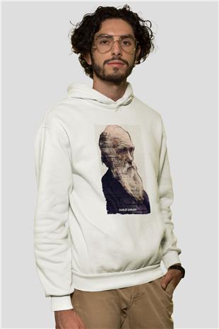 Charles Darwin Yazılı Portre Baskılı Unisex Ekru Hoodie
