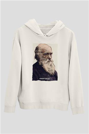 Charles Darwin Yazılı Portre Baskılı Unisex Ekru Hoodie