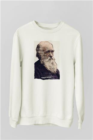 Charles Darwin Yazılı Portre Baskılı Unisex Ekru Sweatshirt
