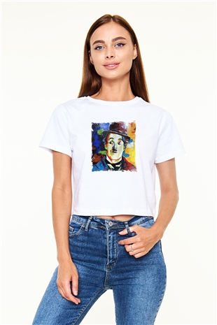 Charlie Chaplin Baskılı Beyaz Kadın Crop Top Tişört