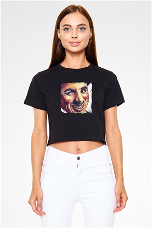 Charlie Chaplin Baskılı Siyah Kadın Crop Top Tişört