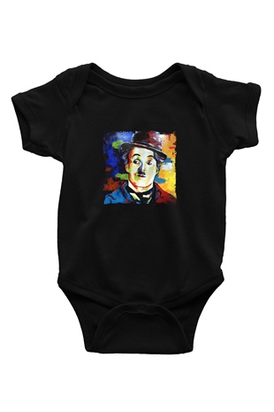 Charlie Chaplin Baskılı Unisex Siyah Bebek Body - Zıbın
