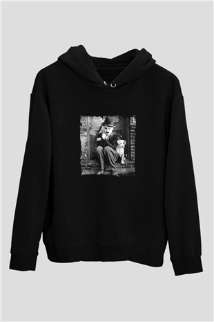 Charlie Chaplin Baskılı Unisex Siyah Hoodie