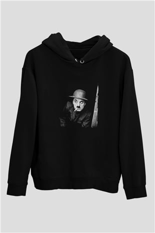 Charlie Chaplin Baskılı Unisex Siyah Hoodie