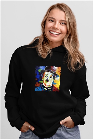 Charlie Chaplin Baskılı Unisex Siyah Hoodie