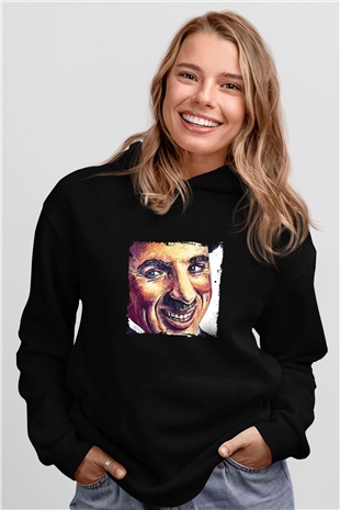 Charlie Chaplin Baskılı Unisex Siyah Hoodie
