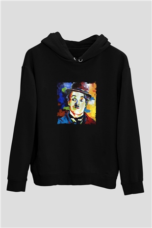 Charlie Chaplin Baskılı Unisex Siyah Hoodie