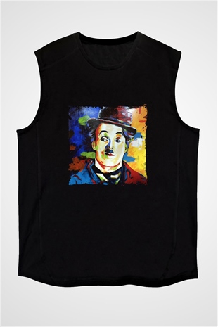 Charlie Chaplin Baskılı Unisex Siyah Kolsuz Tişört