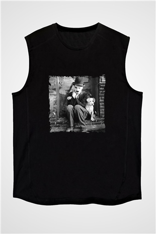 Charlie Chaplin Baskılı Unisex Siyah Kolsuz Tişört