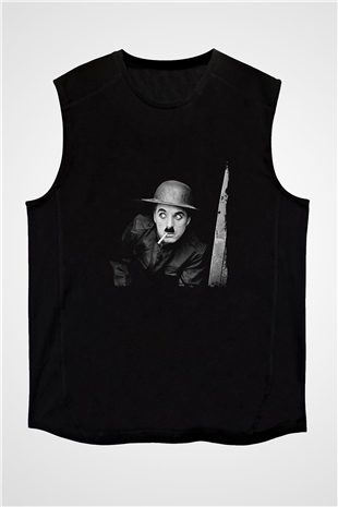Charlie Chaplin Baskılı Unisex Siyah Kolsuz Tişört