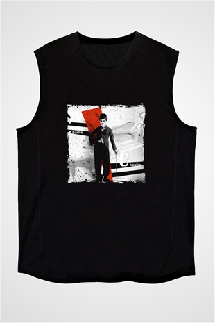 Charlie Chaplin Baskılı Unisex Siyah Kolsuz Tişört