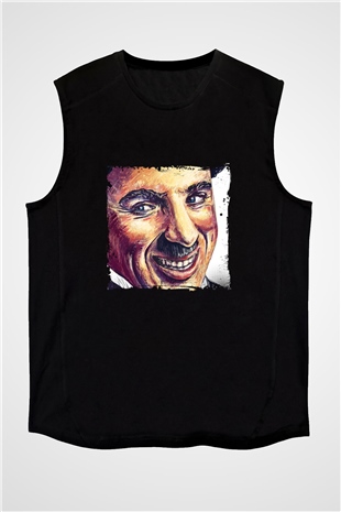 Charlie Chaplin Baskılı Unisex Siyah Kolsuz Tişört