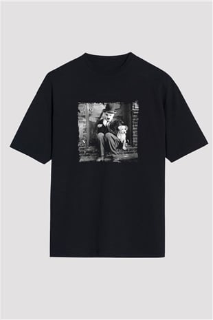 Charlie Chaplin Baskılı Unisex Siyah Oversize Tişört