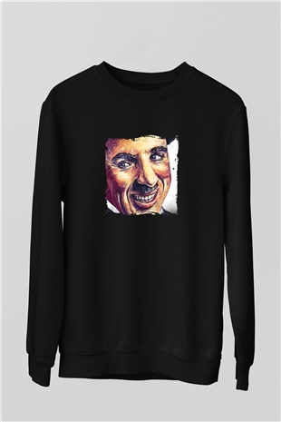 Charlie Chaplin Baskılı Unisex Siyah Sweatshirt
