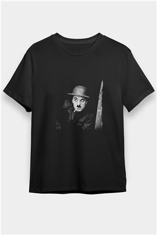 Charlie Chaplin Baskılı Unisex Siyah Tişört