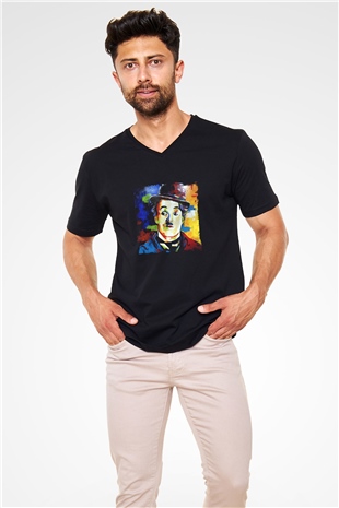 Charlie Chaplin Baskılı Unisex Siyah V Yaka Tişört