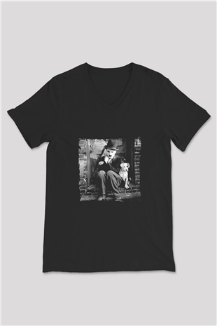 Charlie Chaplin Baskılı Unisex Siyah V Yaka Tişört