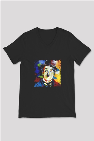 Charlie Chaplin Baskılı Unisex Siyah V Yaka Tişört