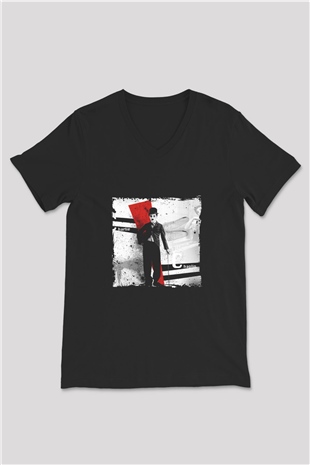 Charlie Chaplin Baskılı Unisex Siyah V Yaka Tişört