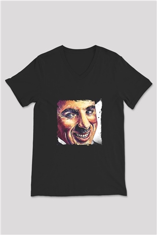 Charlie Chaplin Baskılı Unisex Siyah V Yaka Tişört