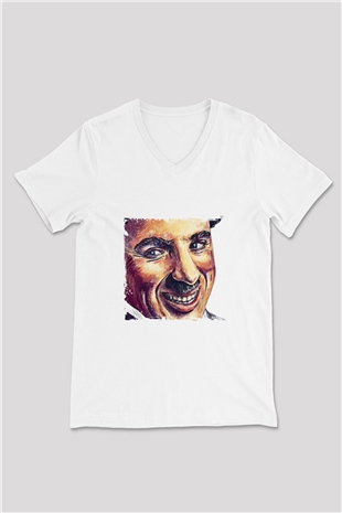 Charlie Chaplin Baskılı V Yaka Unisex Beyaz Tişört