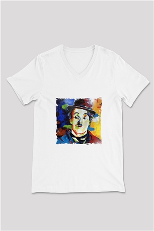 Charlie Chaplin Baskılı V Yaka Unisex Beyaz Tişört