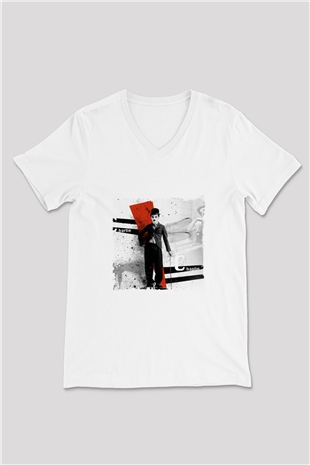 Charlie Chaplin Baskılı V Yaka Unisex Beyaz Tişört