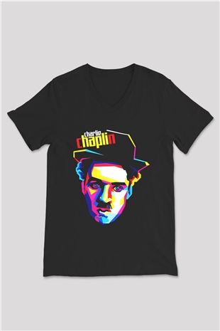 Charlie Chaplin Siyah Unisex V Yaka Tişört T-Shirt