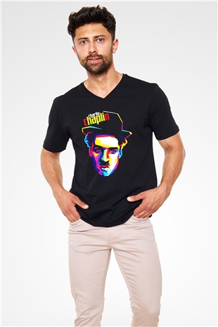 Charlie Chaplin Siyah Unisex V Yaka Tişört T-Shirt