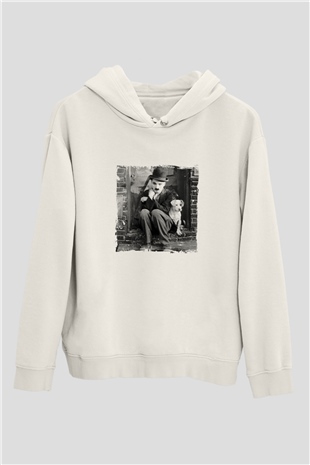 Charlie Chaplin Unisex Baskılı Beyaz Kapüşonlu Sweatshirt