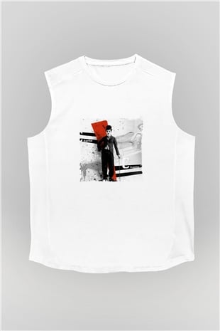 Charlie Chaplin Unisex Baskılı Beyaz Kolsuz Tişört