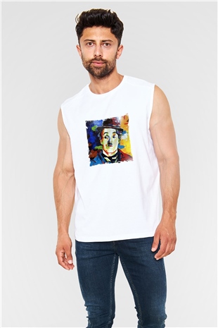 Charlie Chaplin Unisex Baskılı Beyaz Kolsuz Tişört