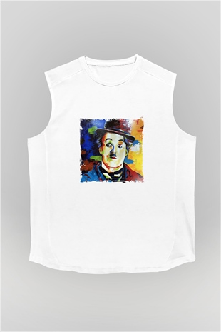 Charlie Chaplin Unisex Baskılı Beyaz Kolsuz Tişört