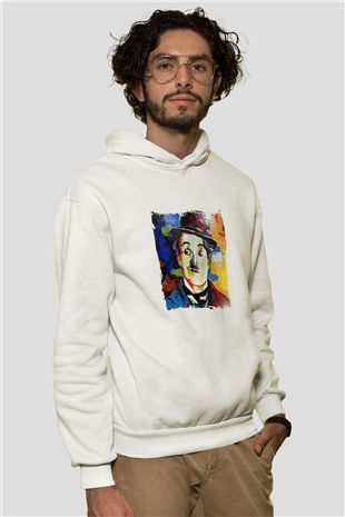 Charlie Chaplin Unisex Baskılı Beyaz Kapüşonlu Sweatshirt