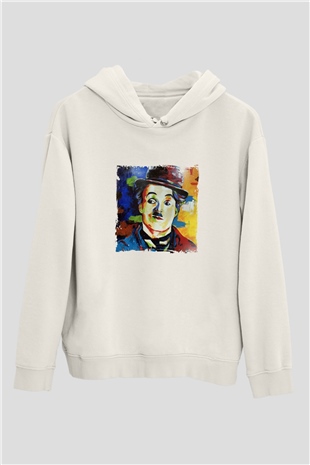 Charlie Chaplin Unisex Baskılı Beyaz Kapüşonlu Sweatshirt